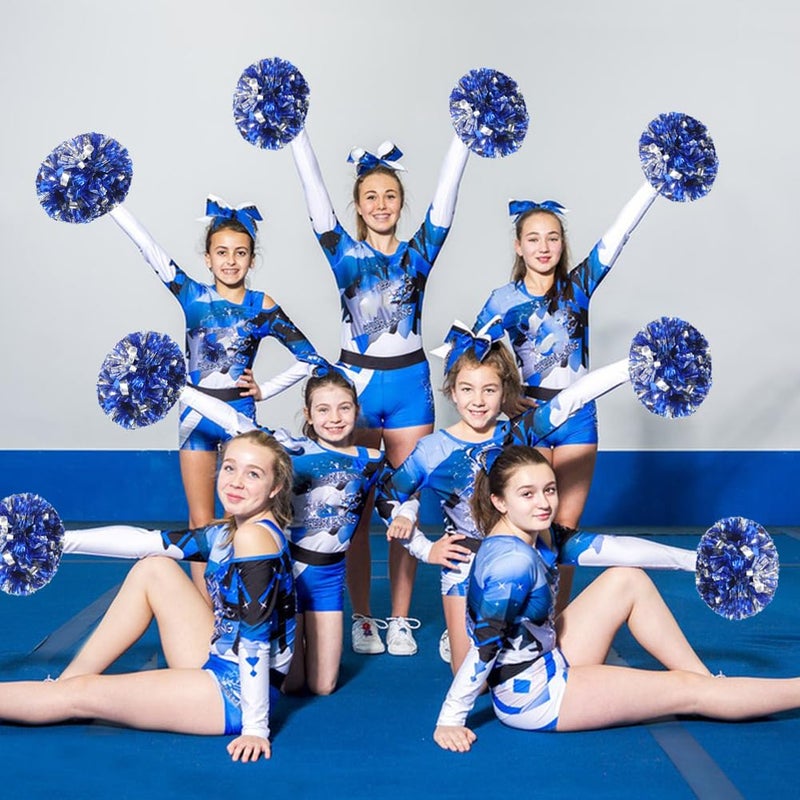 Hooshing 2 Pack Pom Poms Cheerleading Blue and Silver Pompoms with Baton Handle for Team Sports Spirit Dance Cheering - Image 5